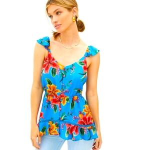 FARM RIO Anthropologie Floral Blue Peplum Tank Blouse SIZE M📍LIKE NEW!